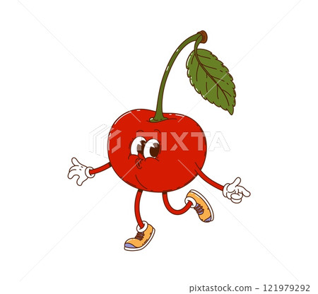 Cartoon groovy cherry berry character happily whistling and dancing. Isolated vector cool red berry with stem and leaf, retro personage wearing sneakers and exuding laid back funky hippie y2k vibes 121979292
