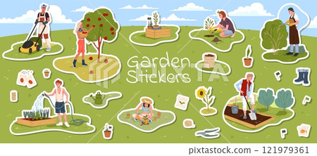 Farmer, gardener and agronomist characters stickers pack. Vector patches feature men and women engaged in gardening activities like harvesting, planting, digging soil, and watering plants in garden 121979361