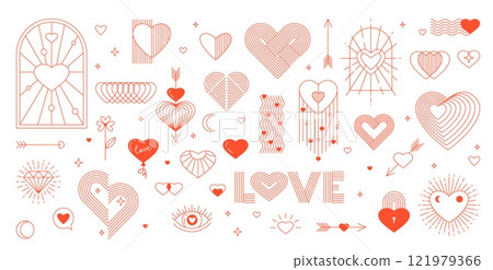 Valentine day line boho icons of hearts and love holiday symbols, vector set. Valentine day boho symbols in thin line art, hearts with window and cupid arrow or flower with moon and star ornaments Valentine day line boho icons of hearts and love holiday symbols, vector set. Valentine day boho symbols in thin line art, hearts with window and cupid arrow or flower with moon and star ornaments 121979366