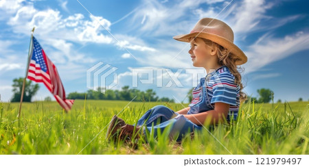 Girl in a hat sitting on a meadow next to an American flag 121979497