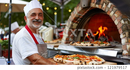 Chef preparing pizza in a wood-fired oven at a street food festival 121979517