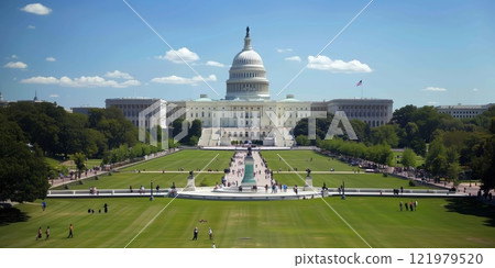 Panorama with a distant landmark of a mosque 121979520