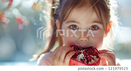 Jewish girl eating pomegranate  during Rosh Hashanah celebration 121979523