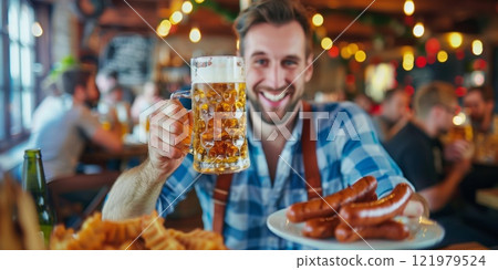 Laughing guy with a beer mug and grilled  sausages at Oktoberfest 121979524