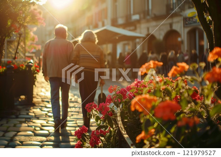 Elderly couple walking through a city illuminated by the sunset 121979527
