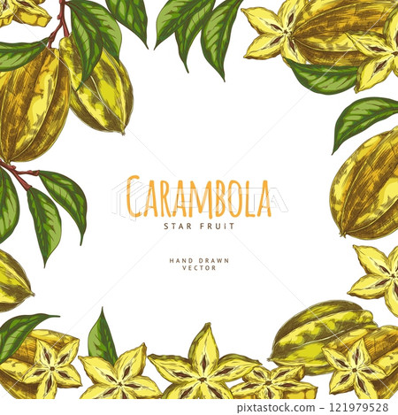 A vector frame with carambola fruits, made in a hand-drawn style, with yellow star-shaped fruits 121979528
