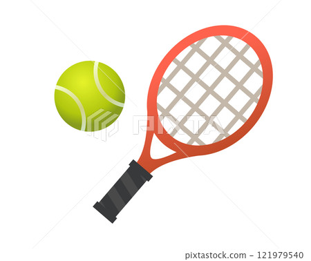 Red tennis racket, racquet and green ball sport equipment icon 121979540