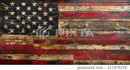Vintage American flag painted on a weathered wooden surface with a distressed texture and rustic appearance 121979550