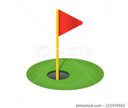 REd triangular golf flag and hole icon with green field 121979562