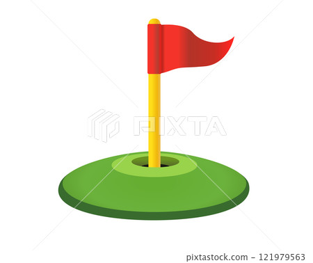 Red triangular golf flag and hole icon with green field Red triangular golf flag and hole icon with green field 121979563
