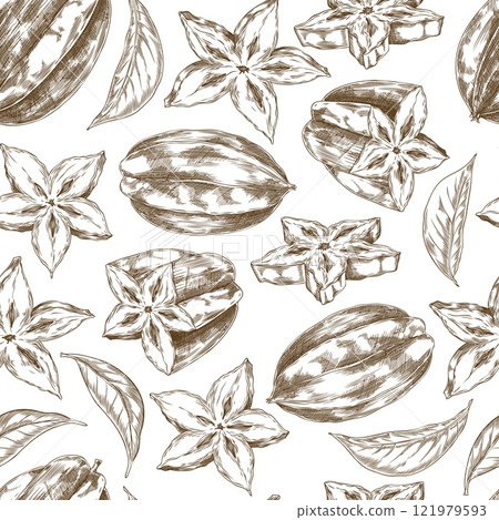 Vector seamless pattern with tropical fruit carambola, made in style of a hand-drawn contour sketch 121979593