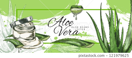 Vector poster with aloe vera, prickly leaves and gel in a jar, in the style of a contour sketch 121979625