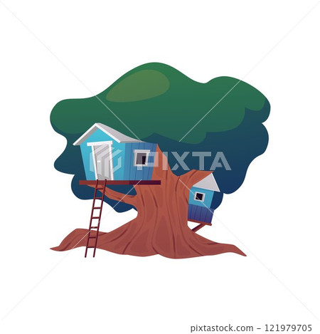 Cartoon game fantasy huts on tree trunk, vector cute fairy tale blue wooden houses with ladder, rural village dwellings 121979705