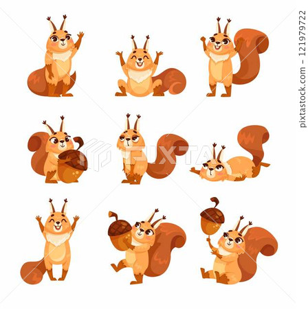 Funny Squirrel Animal Character with Bushy Tail Vector Set 121979722