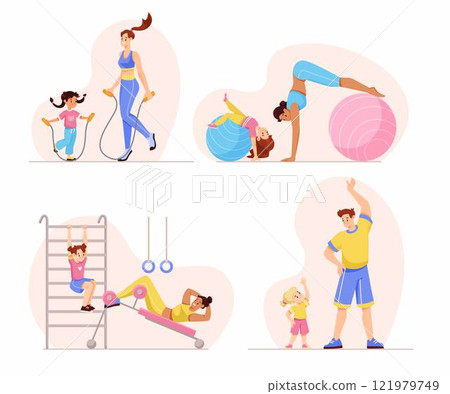 Parent with Child Do Sport Physical Activity Vector Set Parent with Child Do Sport Physical Activity Vector Set 121979749
