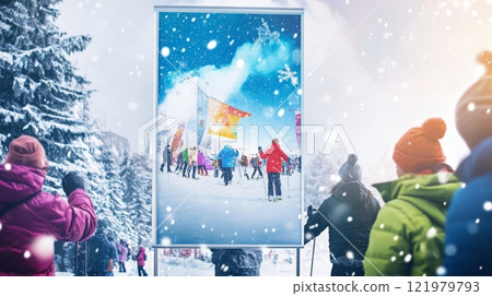 Skiers watching a billboard showing people skiing during a snowfall 121979793