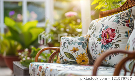 Colorful pillows on sofa against glass wall of window in a winter garden or conservatory. Interior textile concept. High quality photo 121979797