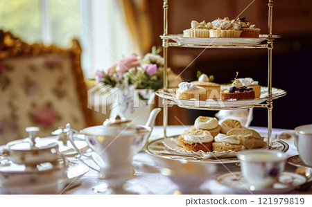Elegant table setting for tea party with cakes and cupcakes in English manor. Selective focus. Vintage style 121979819