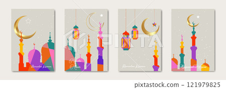 Ramadan Kareem 2025 vector set colorful card. Gold half moon on starry background. Modern holiday poster, islamic symbol mosque, lanterns. Muslim religion banner, flyer, party invitation, sale shop Ramadan Kareem 2025 vector set colorful card. Gold half moon on starry background. Modern holiday poster, islamic symbol mosque, lanterns. Muslim religion banner, flyer, party invitation, sale shop 121979825