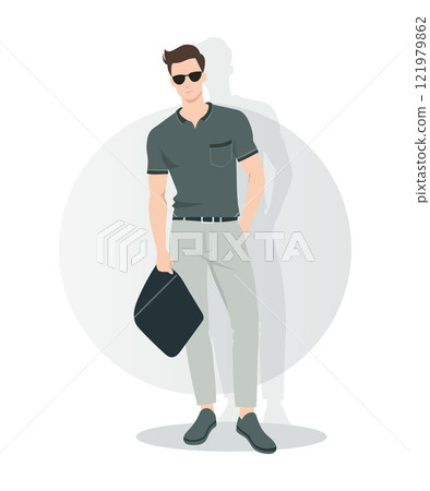 Vector illustration. A man in a black shirt and light gray pants. In the background are round elements, the pose is relaxed, the style is elegant. Vector illustration. A man in a black shirt and light gray pants. In the background are round elements, the pose is relaxed, the style is elegant. 121979862