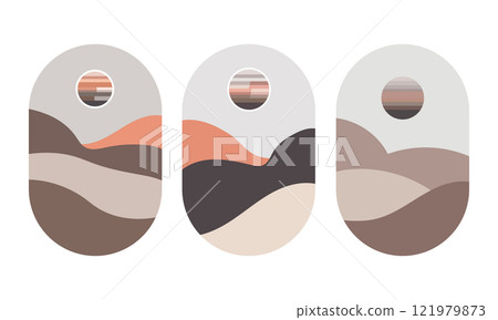 Vector illustration. A set of three vertical illustrations in pastel shades of brown, orange and gray. Abstract landscape with smooth lines and sun. 121979873