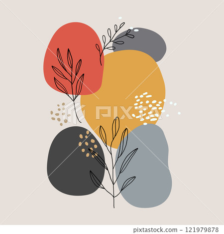 Vector illustration. Contrasting spots of red, yellow and black combined with white accents. Vegetal contours add harmony and sophistication. Vector illustration. Contrasting spots of red, yellow and black combined with white accents. Vegetal contours add harmony and sophistication. 121979878