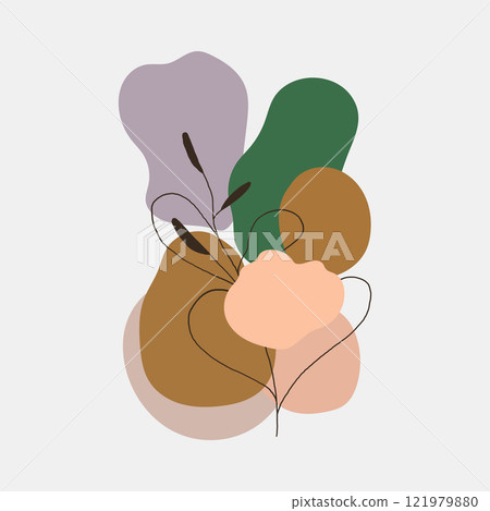 Vector illustration. Abstract composition with soft spots of green, orange, cream and purple colors. Black plant contours create a sense of harmony and naturalness. Vector illustration. Abstract composition with soft spots of green, orange, cream and purple colors. Black plant contours create a sense of harmony and naturalness. 121979880