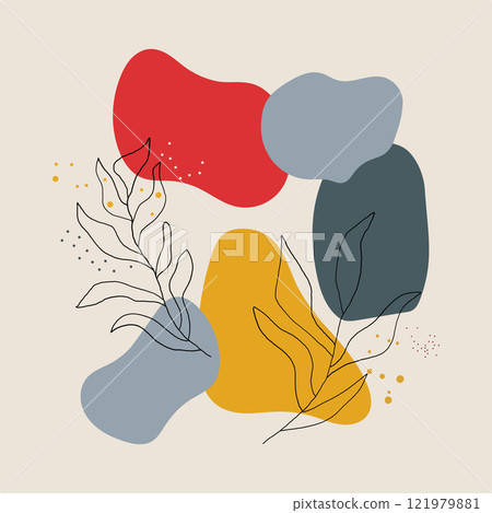Vector illustration. Bright abstraction with red, blue, yellow and gray spots. Elegant black lines with plant motifs create contrast and harmony. Vector illustration. Bright abstraction with red, blue, yellow and gray spots. Elegant black lines with plant motifs create contrast and harmony. 121979881