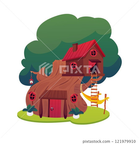 Cartoon game fantasy huts in tree trunk, vector flat cute fairy tale houses with ladder and hammock, wooden dwellings 121979910