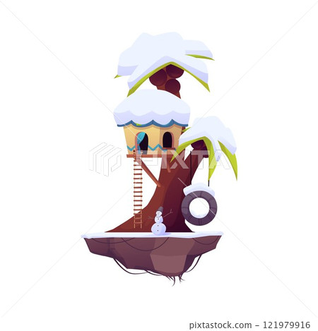 Game island with hut, vector cartoon cute winter fairy tale village house with ladder on tree coconut palm tree trunk 121979916