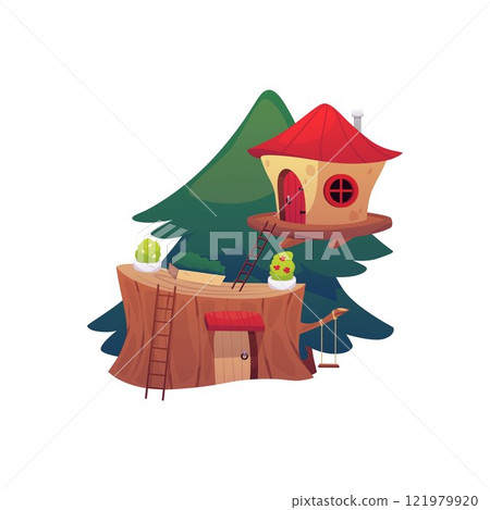 Cartoon game fantasy huts in tree trunk, vector flat fairy tale houses with ladder, swing and potted plants, fir tree Cartoon game fantasy huts in tree trunk, vector flat fairy tale houses with ladder, swing and potted plants, fir tree 121979920