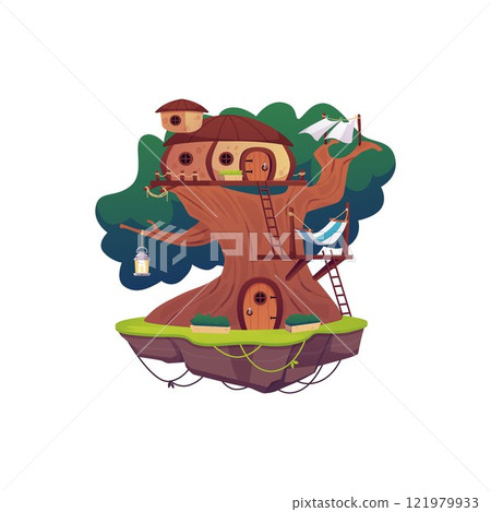 Vector illustration of a treehouse on a flying island on a white background Vector illustration of a treehouse on a flying island on a white background 121979933