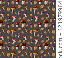 Seamless pattern of watercolor illustrations of forest mushrooms, gifts of nature on a brown background 121979964