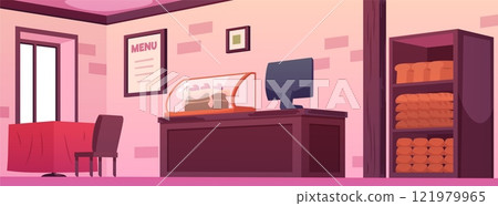 Bakery interior. Horizontal banner. Bakery interior. Horizontal banner. 121979965
