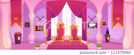 Vector interior of the castle with two thrones on a pedestal, tapestries and candlesticks Vector interior of the castle with two thrones on a pedestal, tapestries and candlesticks 121979966