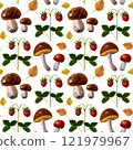 Seamless pattern of watercolor illustrations of forest mushrooms and strawberries, gifts of nature on a white background 121979967