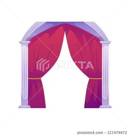 Red canopy or curtain, marble arch with columns. Red canopy or curtain, marble arch with columns. 121979972