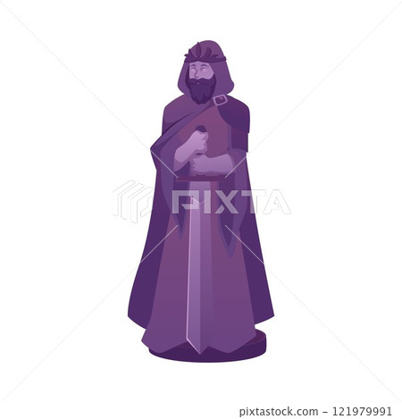 Vector illustration of statue depicting man in a cloak with a sword in medieval style 121979991