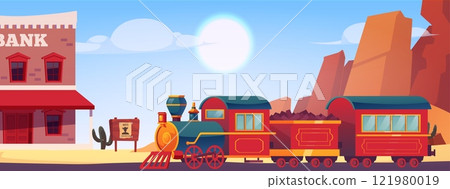 Old western town flat vector, Bank building and vintage train, locomotive from wild west, Western landscape with desert 121980019