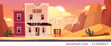 Vector landscape in Western style with a wooden house, a saloon sign 121980027