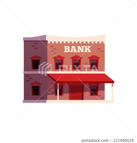 Bank building wild west, vector flat Western financial infrastructure of town, village, construction exterior with porch 121980028