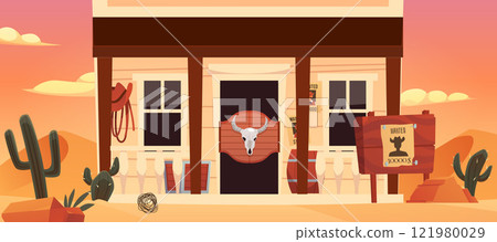 Vector landscape in Western style with a bar with cow skull and a cowboy hat 121980029