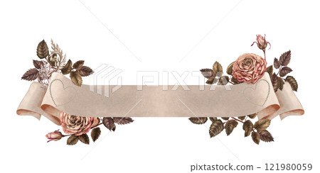 Beige empty paper ribbon banner with pink roses and green leaves. Watercolor illustration template for wedding design, Valentine's Day greeting, sticker, menu, scrapbook, header, announcement Beige empty paper ribbon banner with pink roses and green leaves. Watercolor illustration template for wedding design, Valentine's Day greeting, sticker, menu, scrapbook, header, announcement 121980059