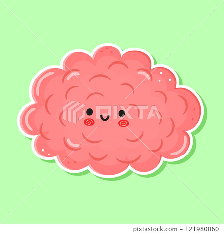 Cute smiling Brain Sticker cartoon illustration on green background 121980060