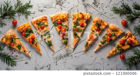 Pizza slices with pesto, cherry tomatoes, and rosemary arranged in a festive pattern, decorated with pine branches and red chili flakes on a textured surface 121980086