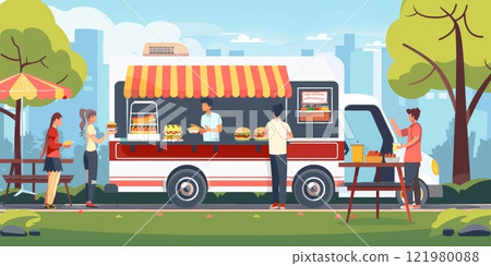 Food truck serving burgers and snacks in a park setting with people ordering and enjoying meals, surrounded by trees, tables, and a vibrant urban background 121980088