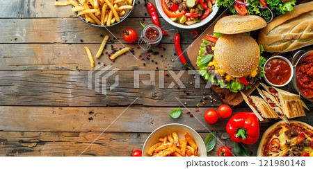 Delicious fast food spread with burger, fries, pizza, sauces, and fresh vegetables on rustic wooden table, creating a colorful and appetizing scene for dining and culinary themes 121980148