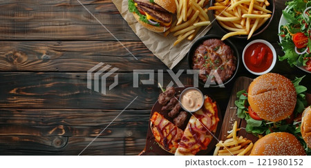 Fast food assortment with burgers, fries, pizza slices, salad, meat skewers, and sauces on a dark rustic wooden background, creating an inviting and appetizing dining experience 121980152