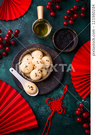 Tang yuan rice dumpling balls for Chinese lunar New year celebration 121980284
