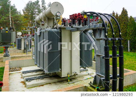 Electrical equipment in outdoor power substation, two three phase oil immersed transformers 121980293